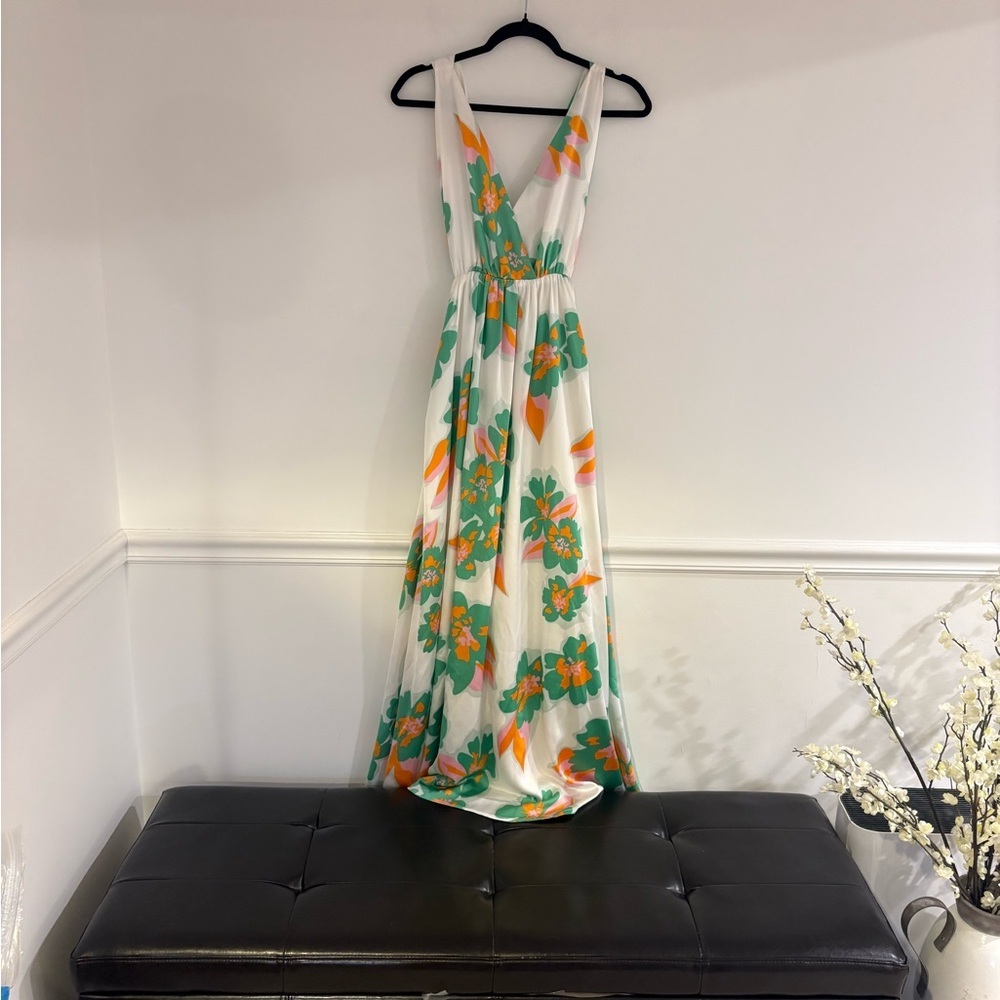 White Floral Maxi Dress with Green and Orange Blooms